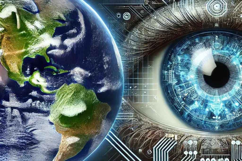 a detailed image of the earth next to a fully transparent, digital looking eye. the earth appears vibrant and realistic with visible continents