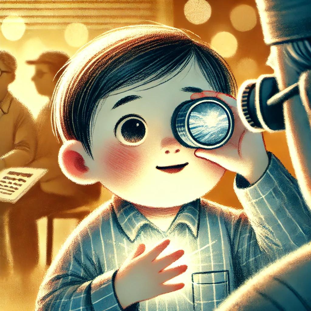 an illustration of a child with low vision, struggling to see clearly but with a calm expression and wide open eyes.