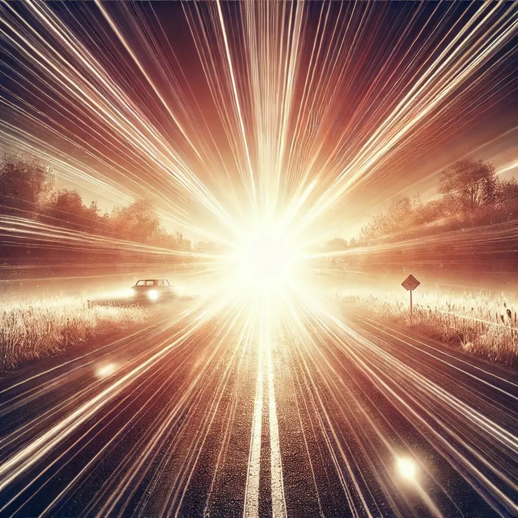 an image depicting glare and light sensitivity without showing people or vehicles. the scene features an intense light source, such as the sun