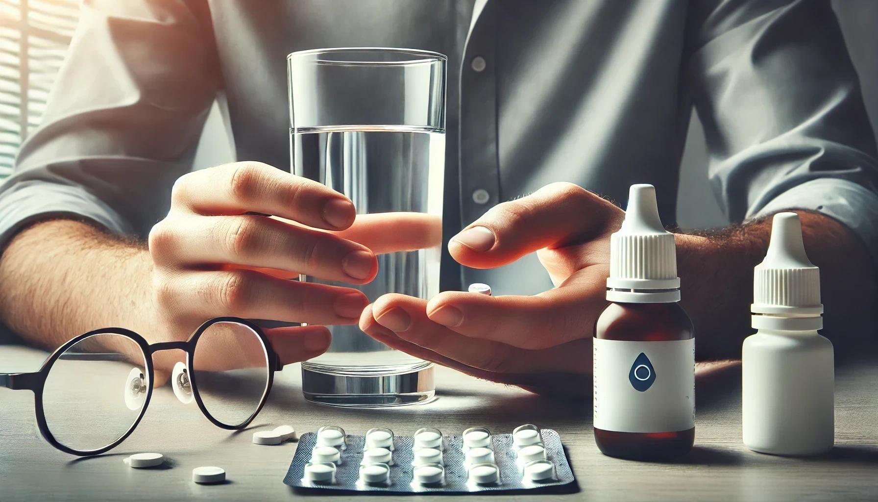 an image showing a person using eye drops. the person is tilting their head back and holding a small bottle of eye drops
