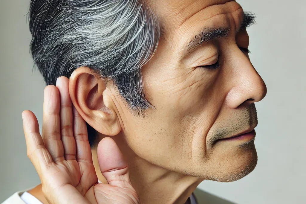 a side profile of an elderly asian man with a clean, gentle, and peaceful appearance, showing signs of hearing difficulty.