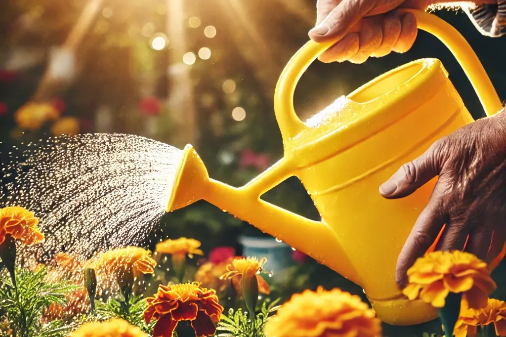 1 a close up of a bright yellow watering can being used by an elderly person to water a bed of colorful marigolds