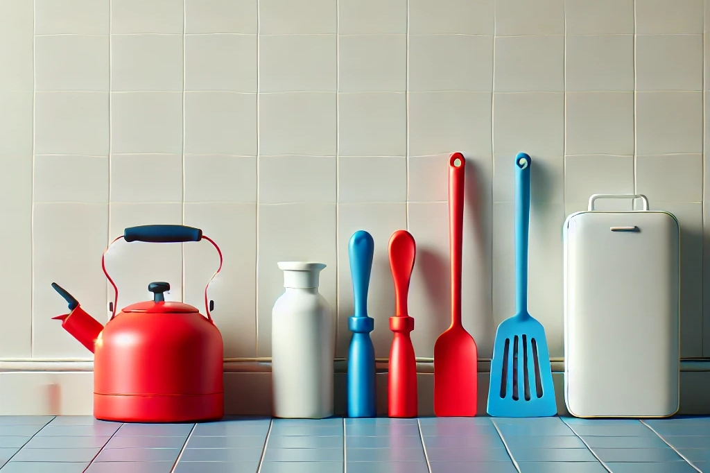 a minimalist kitchen with a single colored wall and floor tiles, like white or light gray. there are only a few essential colorful kitchen tools