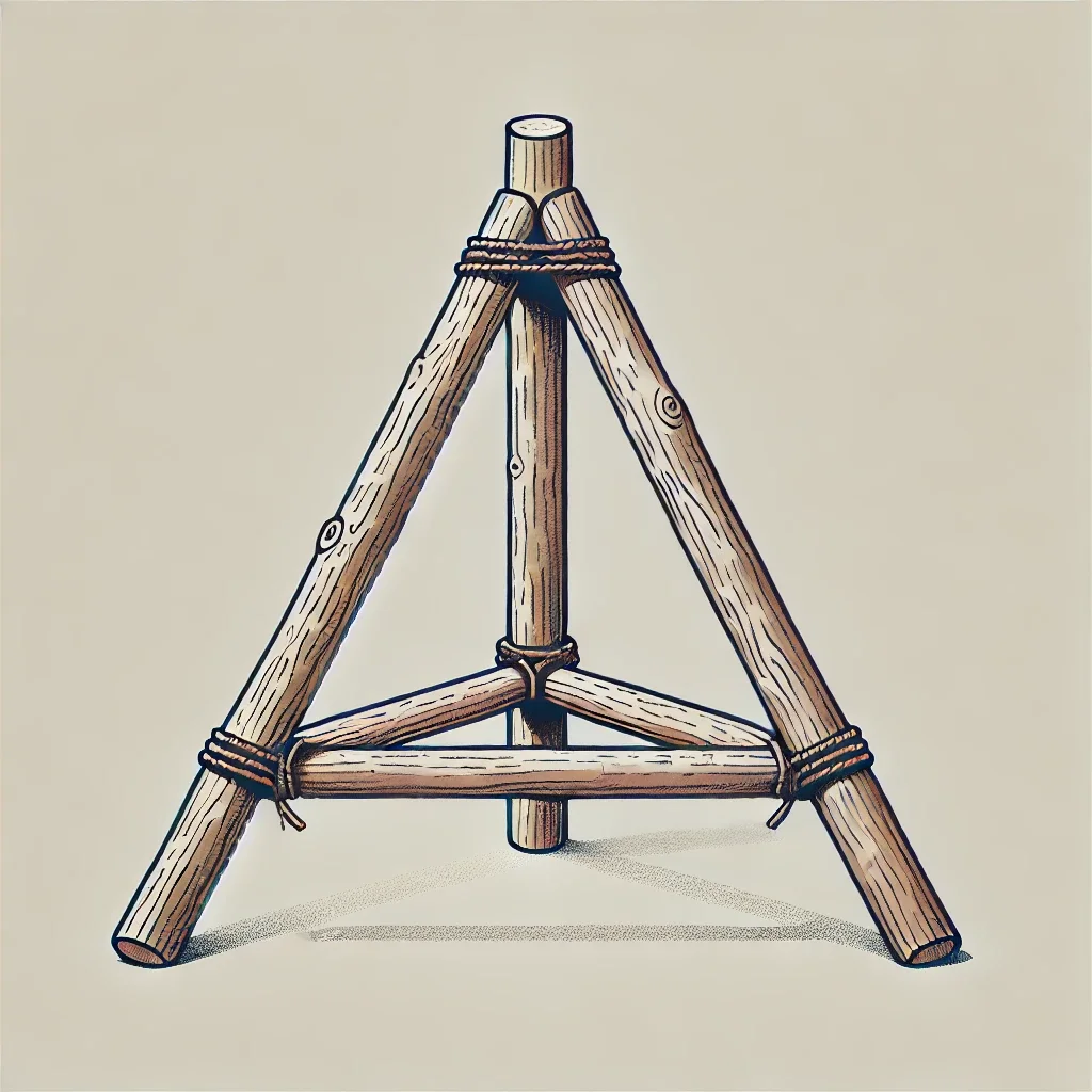 a clean and simple illustration of a triangular three legged wooden stand for a diy christmas tree, made from natural branches.