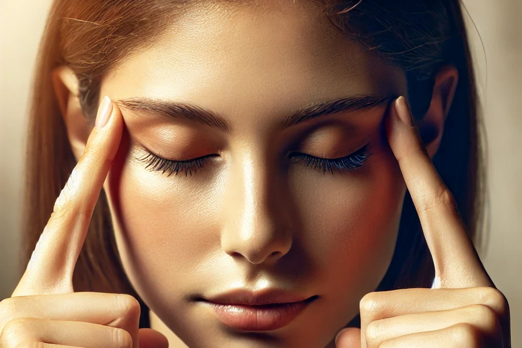 a close up image of a foreign individual practicing eye exercises with fingers gently pressing on the temples, focusing on relaxation and self care.