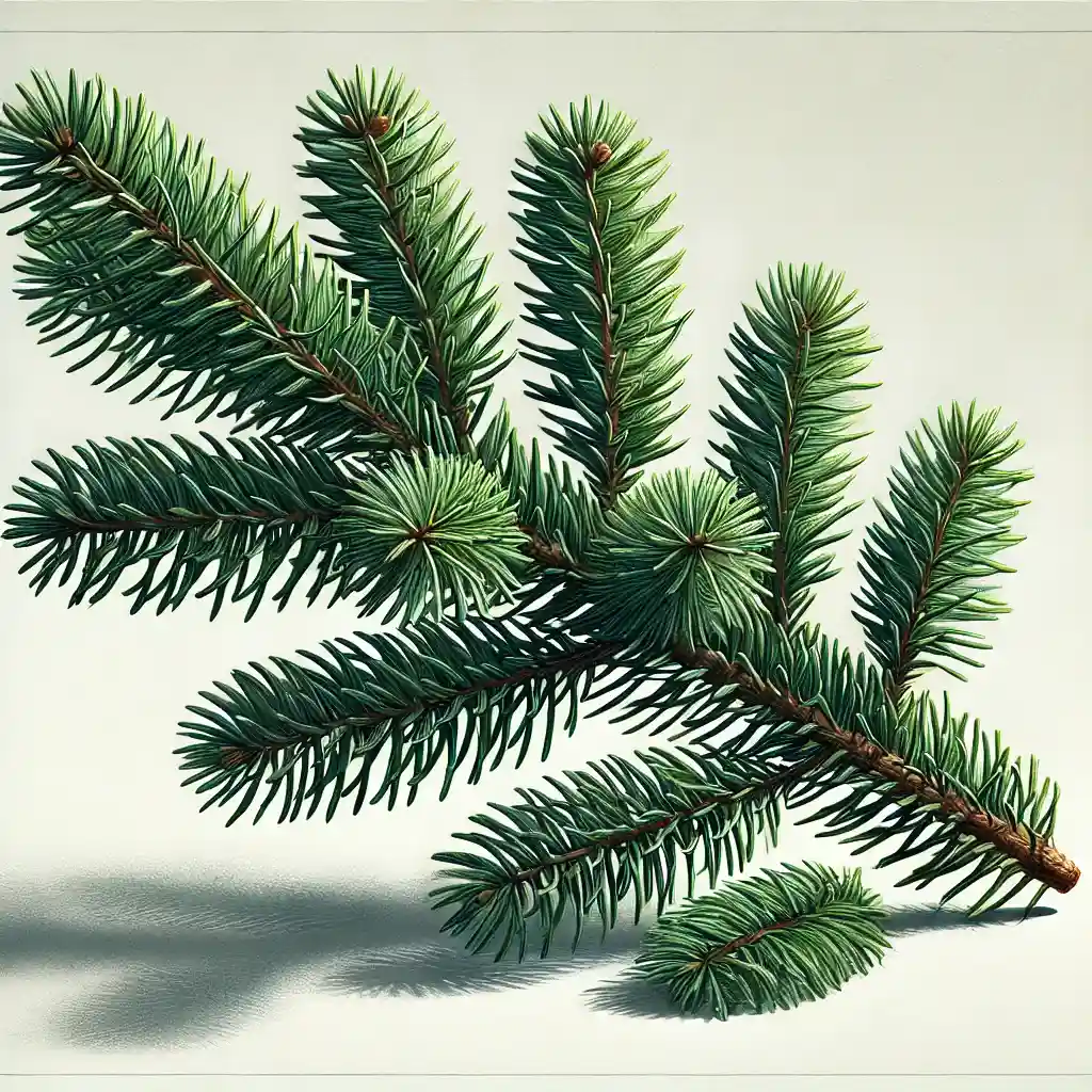 a detailed close up illustration of a christmas tree branch that could be turned into a small diy tree. the branch is lush and green,