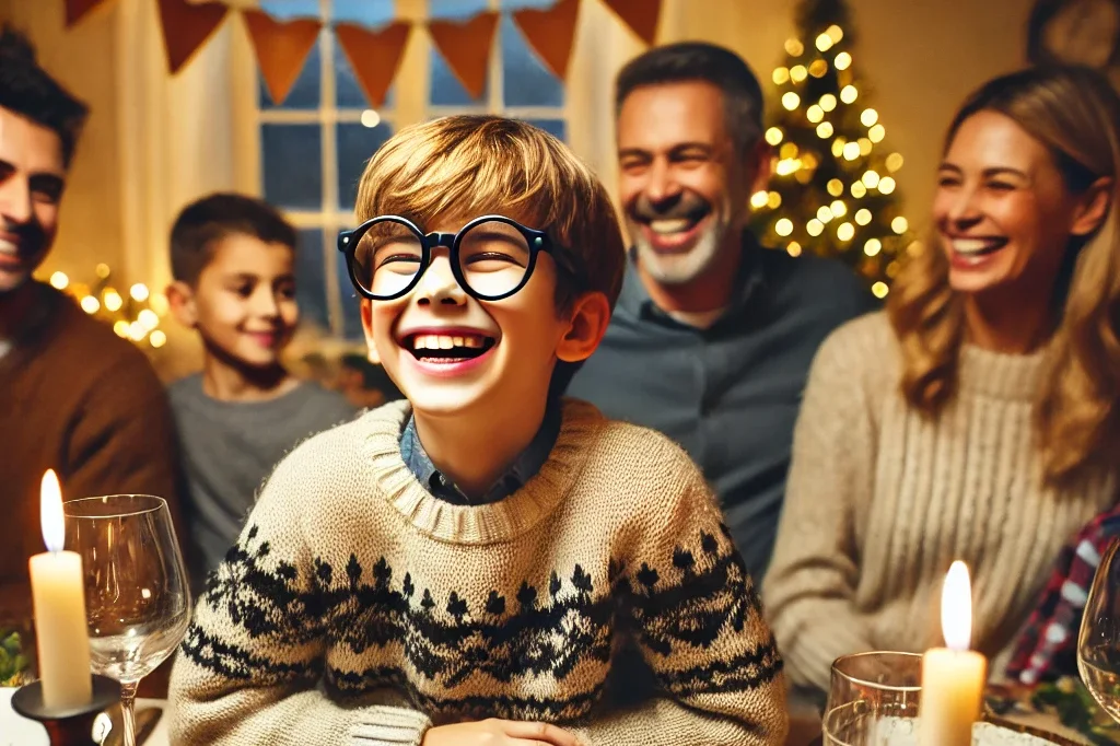 a young boy wearing thick prescription glasses sitting happily at a holiday dining table, surrounded by his family. the table is decorated with holida