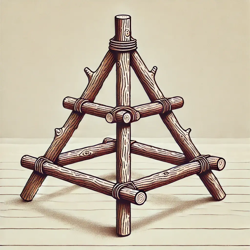 an illustration of a simple diy christmas tree stand made from natural branches. the stand consists of thick, sturdy branches arranged in a triangular