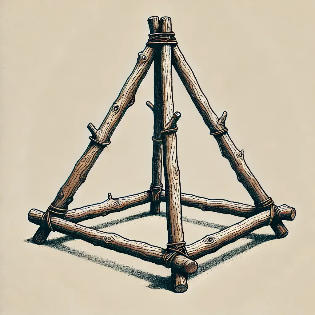 an illustration of a triangular wooden frame made from natural branches for a diy christmas tree stand.