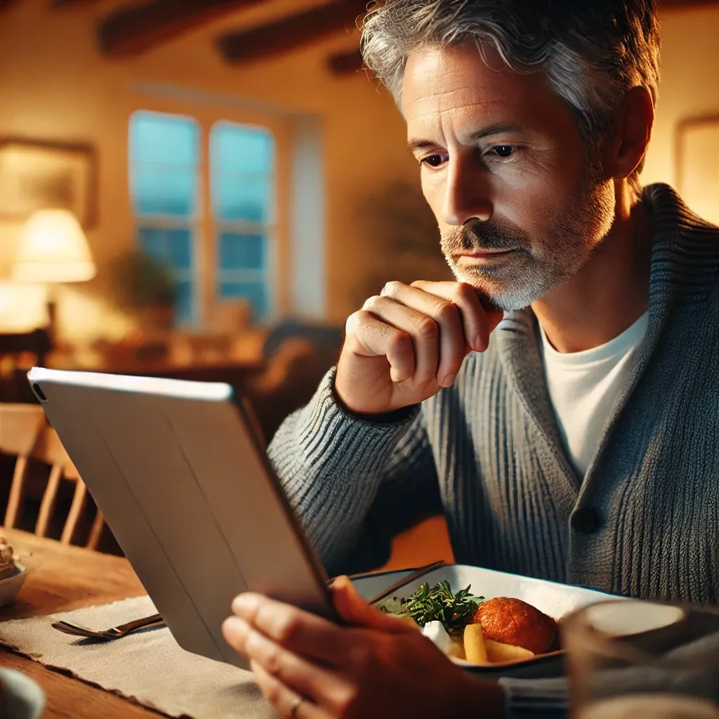 a middle aged person eating a meal while looking at an ipad on the table. the person has a thoughtful expression, engaging with the screen. the settin 