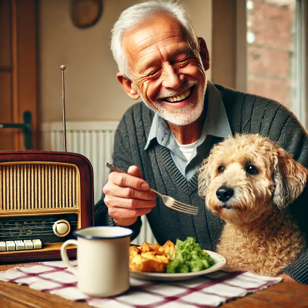 an elderly man with low vision, happily enjoying his lunch at the table. a cute dog sits beside him, providing companionship. on the table, there is a