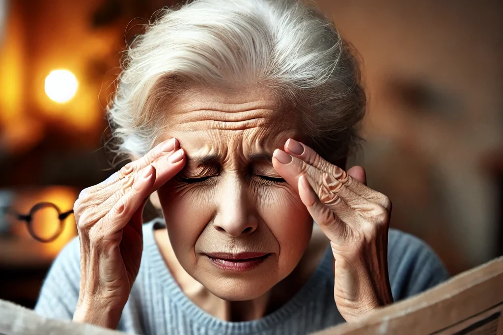 an elderly person struggling to read a newspaper, holding it very close to their face as if trying to focus. the person has a concentrated expression