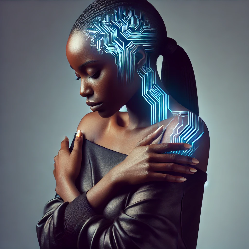 dall·e 2024 09 27 10.04.18 a side profile of a black woman with longer hair, wearing a modest, non revealing shirt that covers her shoulders. her eyes are closed, and she is gen