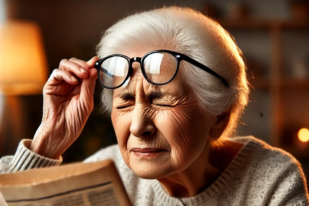 dall·e 2025 03 11 17.32.31 an elderly person struggling to read a newspaper, holding it very close to their face as if trying to focus. the person has a concentrated expression